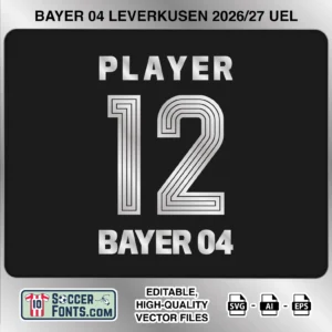 Bayer Leverkusen 2026-27 Europa League football shirt font on European jersey mockup with player name and number