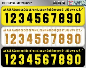 Bodo/Glimt 2026-27 football shirt font showing alphabet letters and jersey numbers