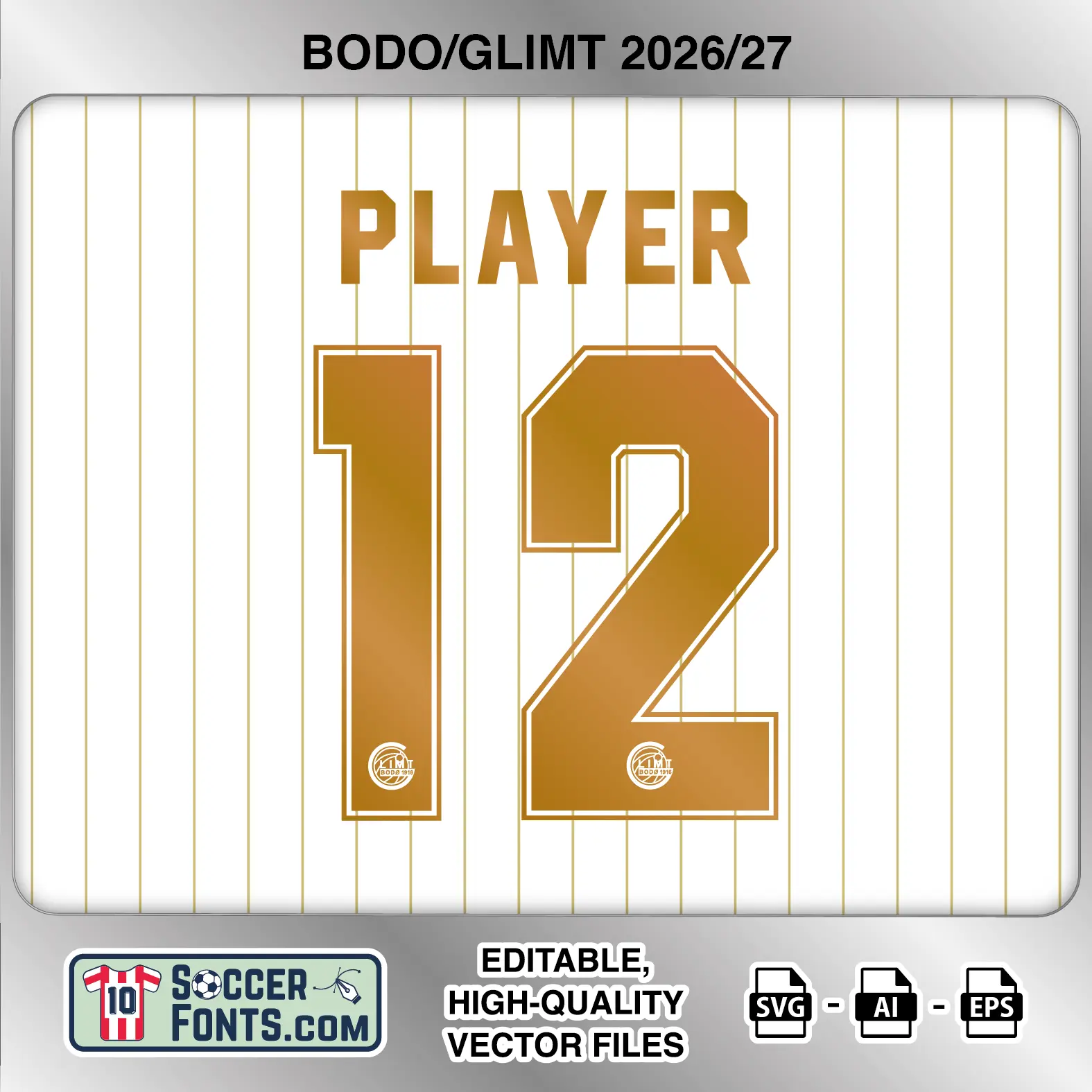 Bodo/Glimt 2026-27 football shirt font on away jersey mockup with player name and number