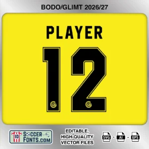 Bodo/Glimt 2026-27 football shirt font on home jersey mockup with player name and number