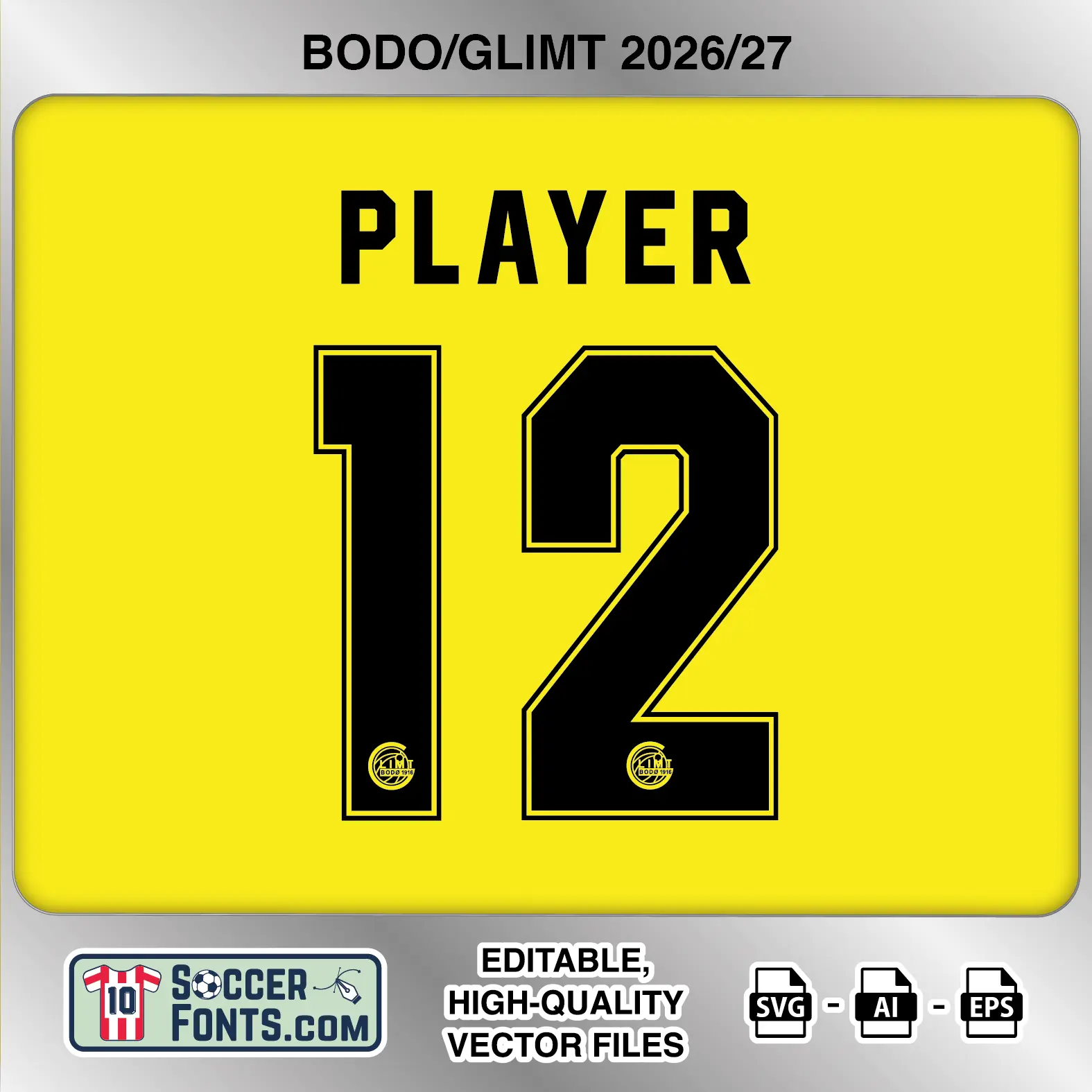 Bodo/Glimt 2026-27 football shirt font on home jersey mockup with player name and number