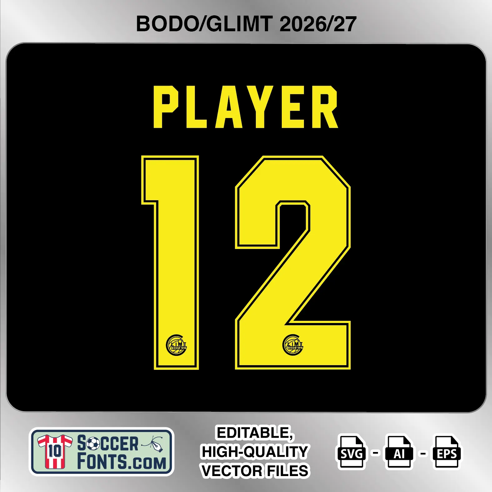 Bodo/Glimt 2026-27 football shirt font on third jersey mockup with player name and number