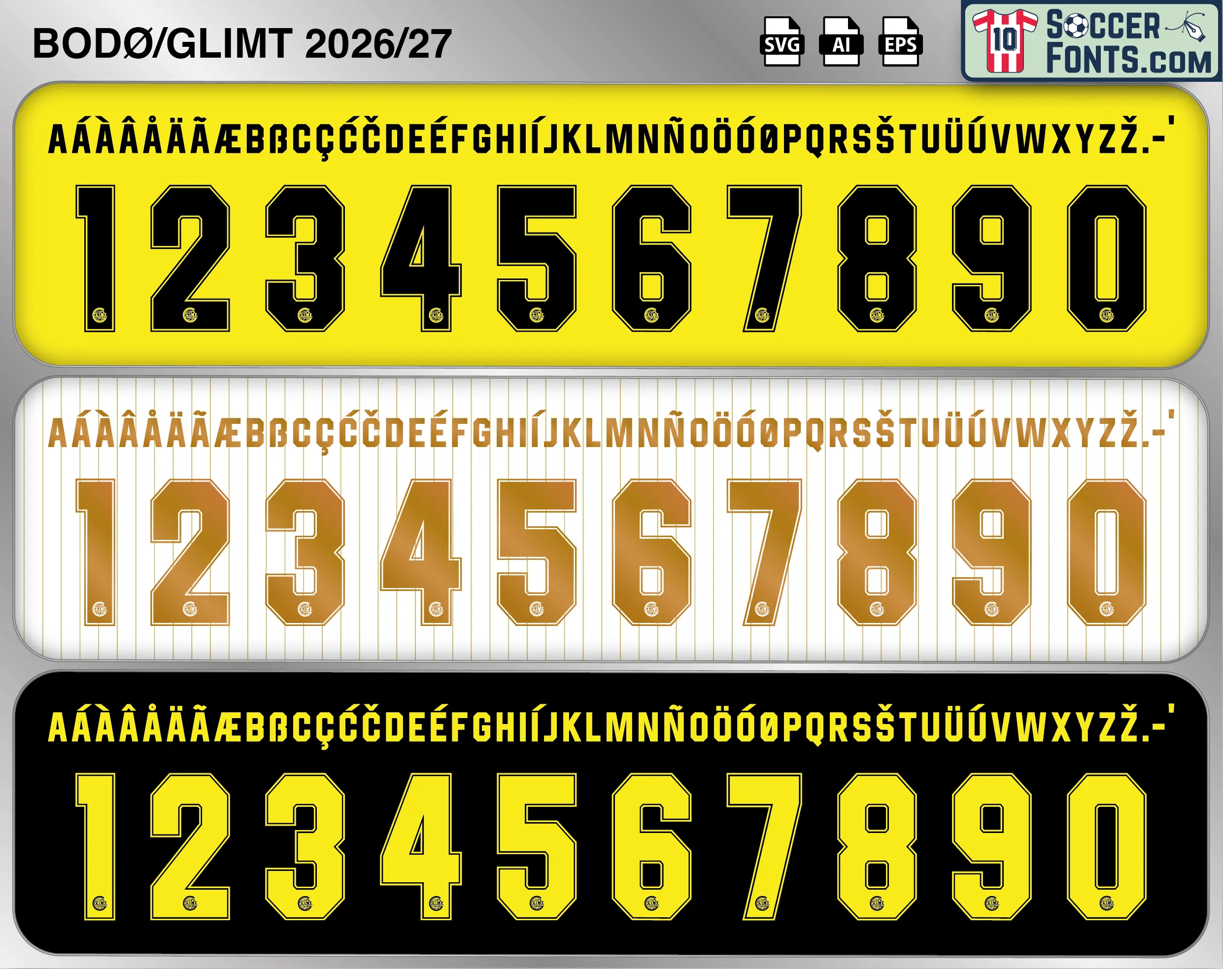 Bodo/Glimt 2026-27 football shirt font showing alphabet letters and jersey numbers