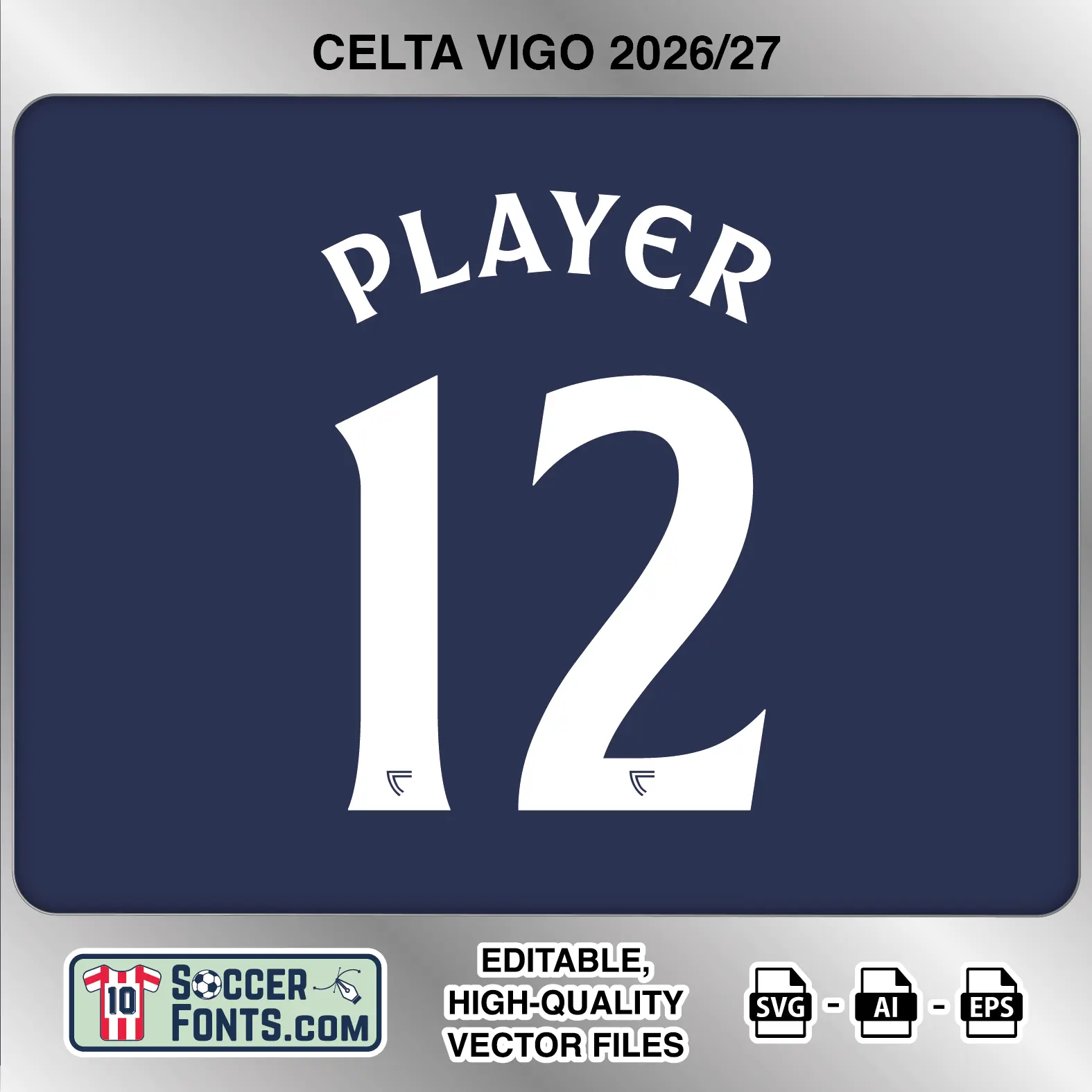 Celta Vigo 2026-27 football shirt font on away jersey mockup with player name and number