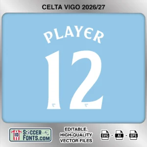 Celta Vigo 2026-27 football shirt font on home jersey mockup with player name and number