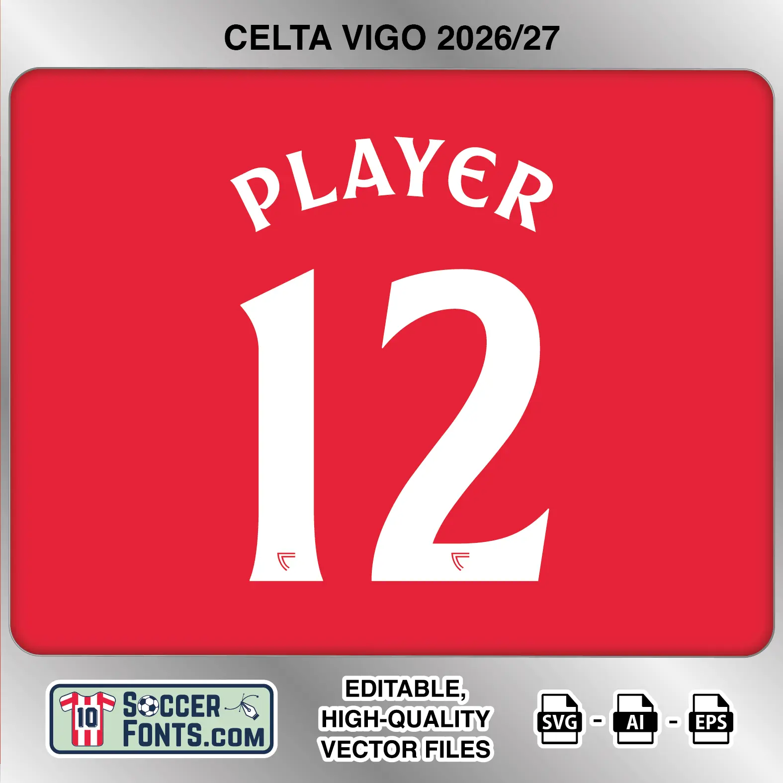 Celta Vigo 2026-27 football shirt font on third jersey mockup with player name and number