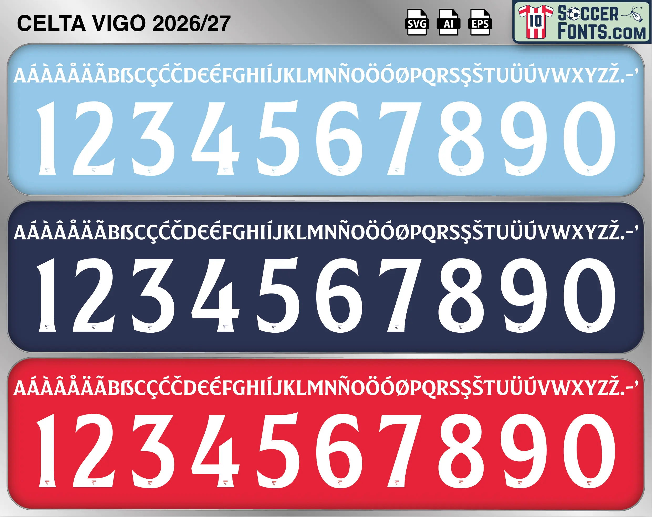 Celta Vigo 2026-27 football shirt font showing alphabet letters and jersey numbers