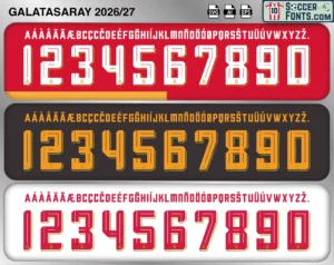 Galatasaray 2026-27 football shirt font showing alphabet letters and jersey numbers