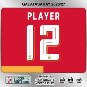 Galatasaray 2026-27 football shirt font on home jersey mockup with player name and number