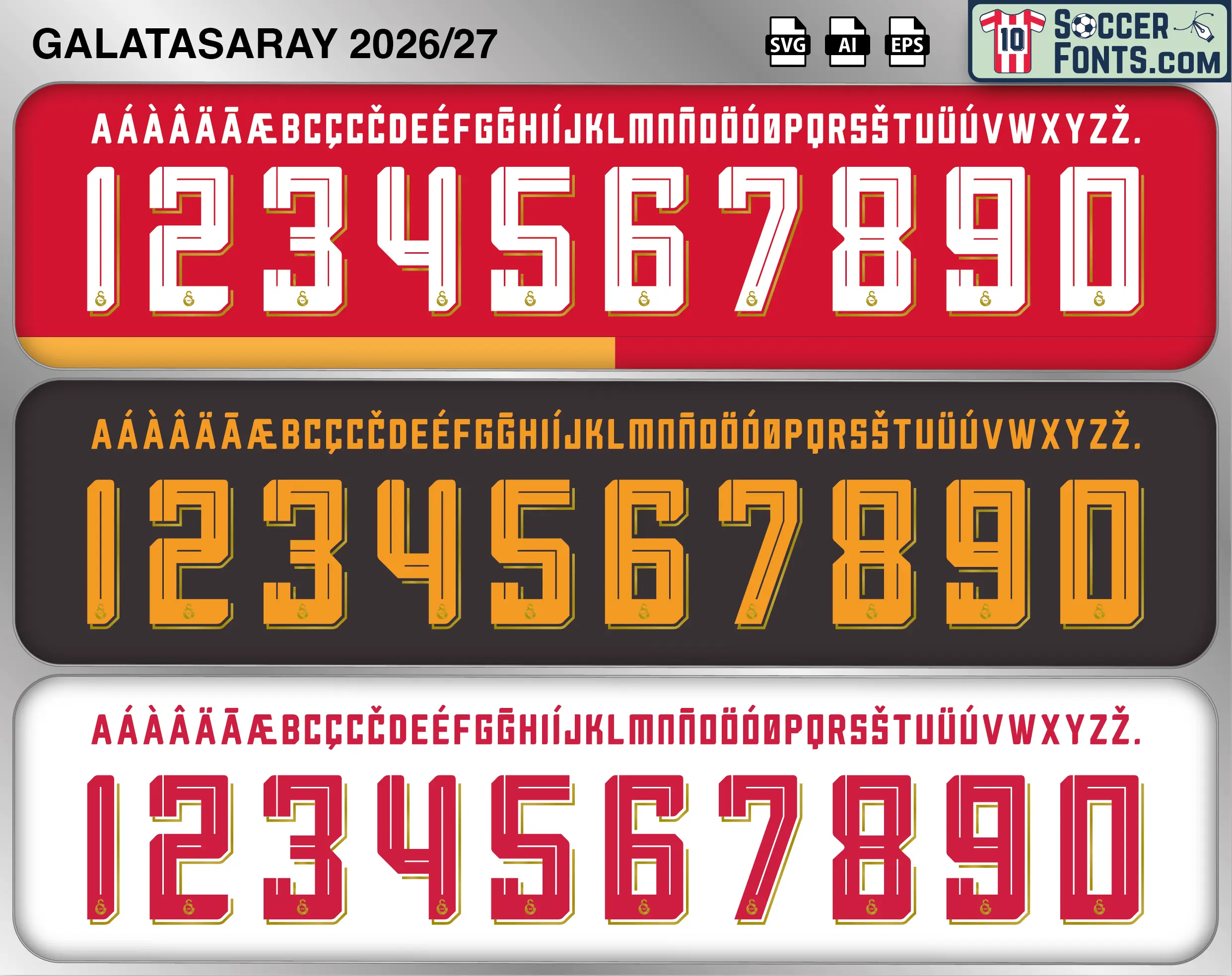 Galatasaray 2026-27 football shirt font showing alphabet letters and jersey numbers