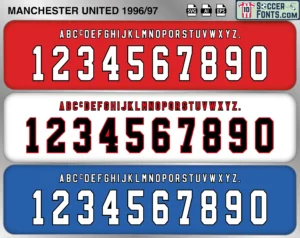 Manchester United 1996-97 football shirt font showing alphabet letters and jersey numbers