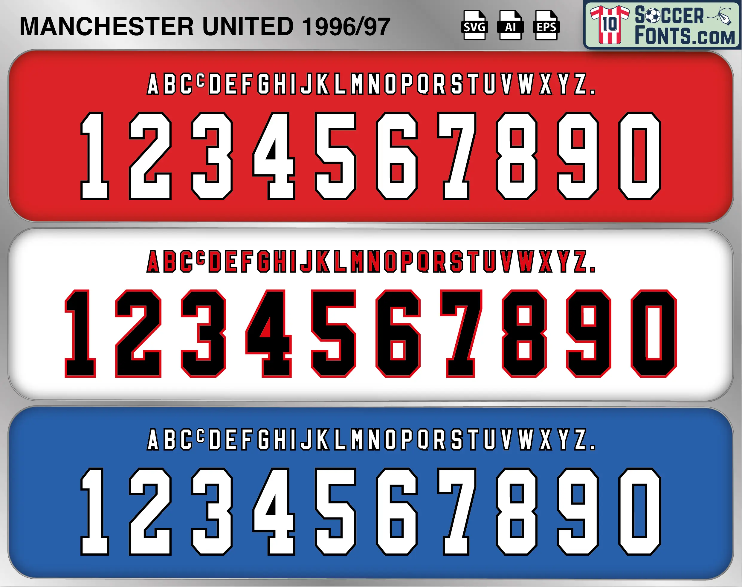 Manchester United 1996-97 football shirt font showing alphabet letters and jersey numbers