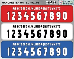 Manchester United 1997-98 football shirt font showing alphabet letters and jersey numbers