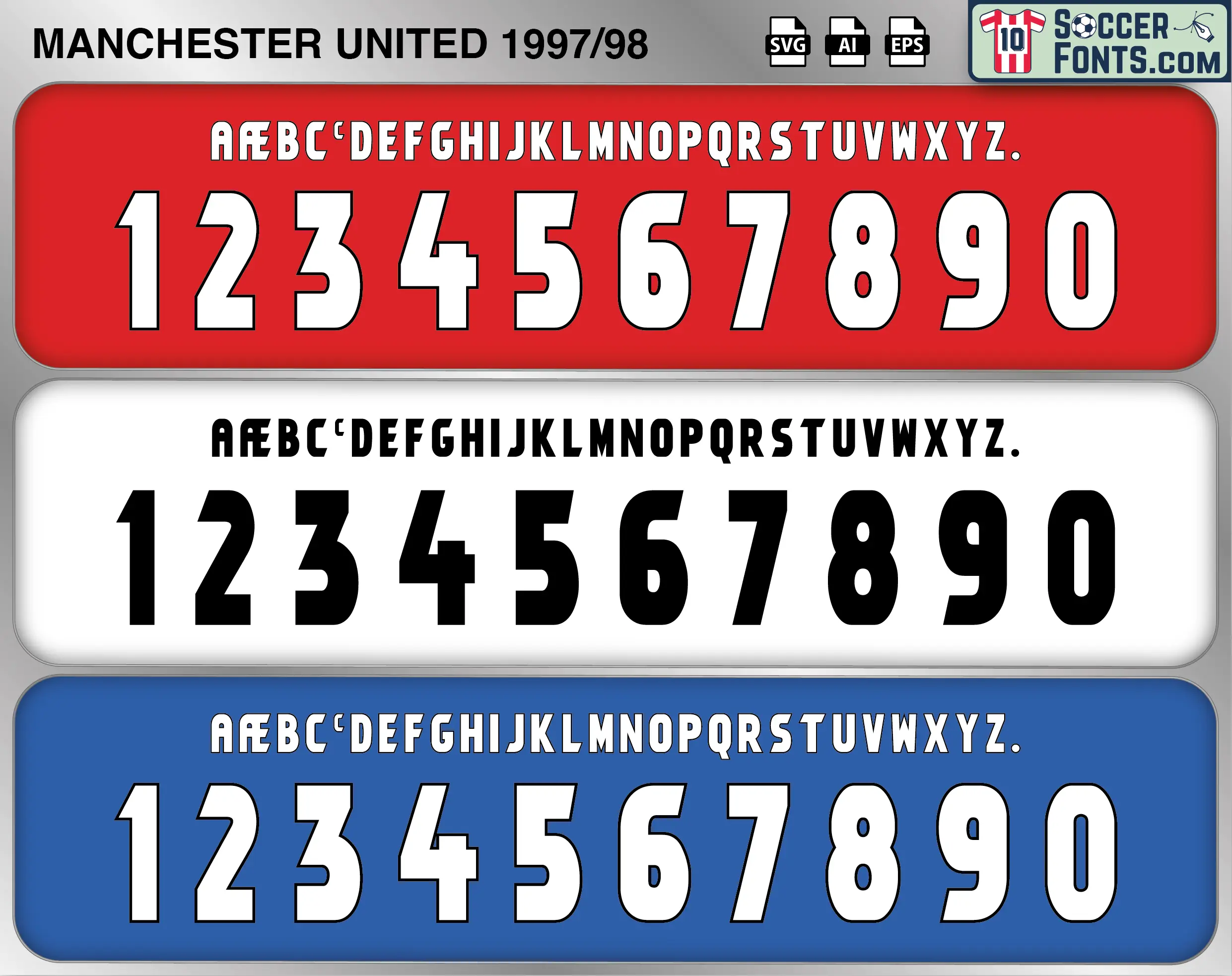 Manchester United 1997-98 football shirt font showing alphabet letters and jersey numbers