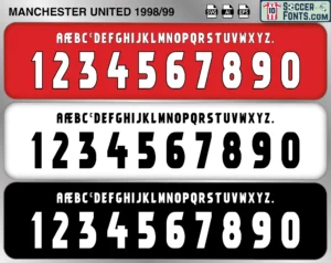 Manchester United 1998-99 football shirt font showing alphabet letters and jersey numbers