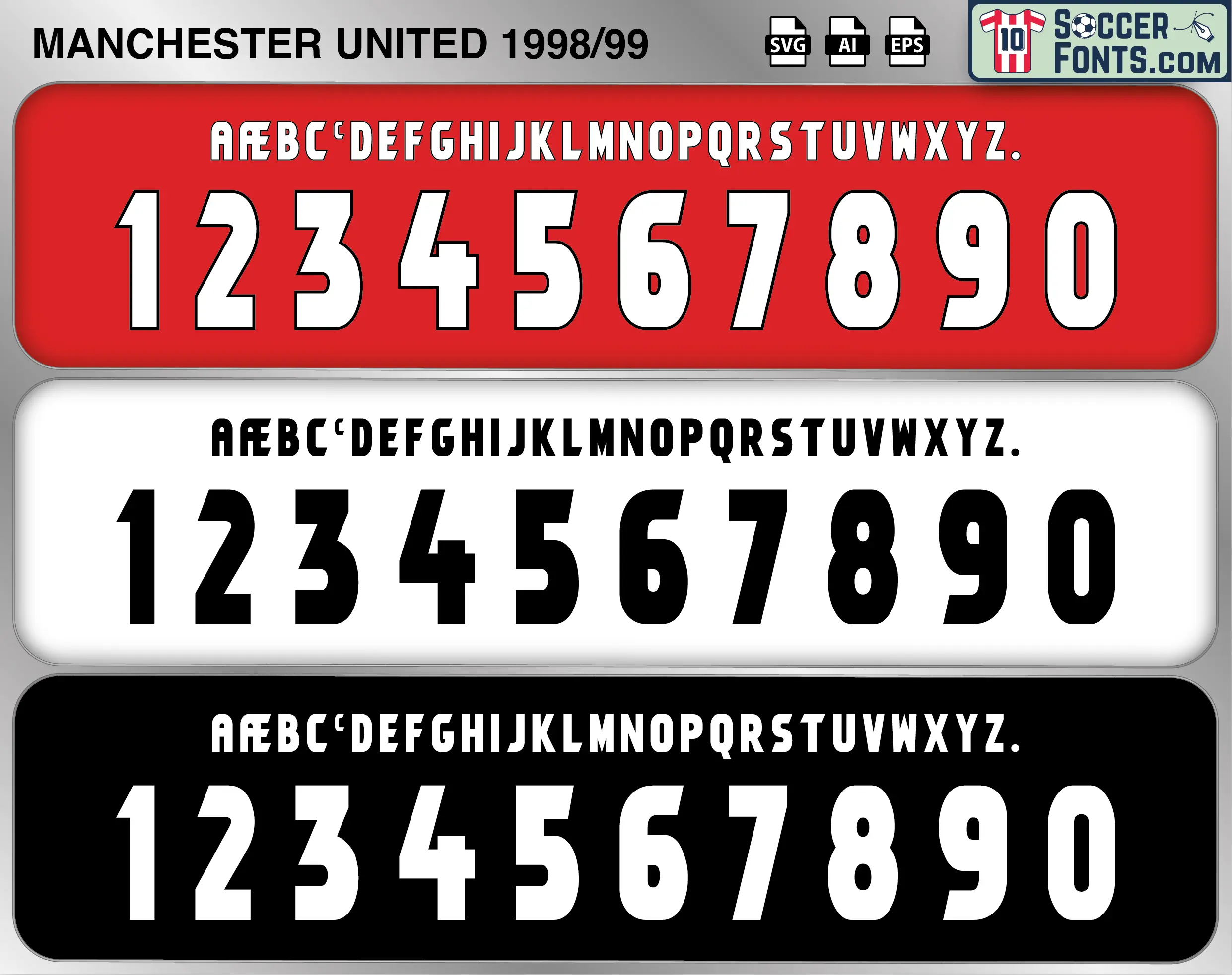 Manchester United 1998-99 football shirt font showing alphabet letters and jersey numbers