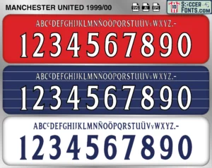 Manchester United 1999-00 football shirt font showing alphabet letters and jersey numbers