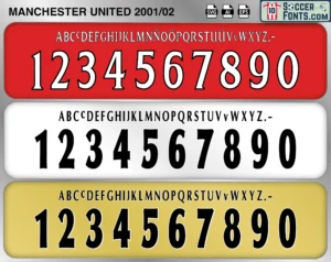 Manchester United 2001-02 football shirt font showing alphabet letters and jersey numbers
