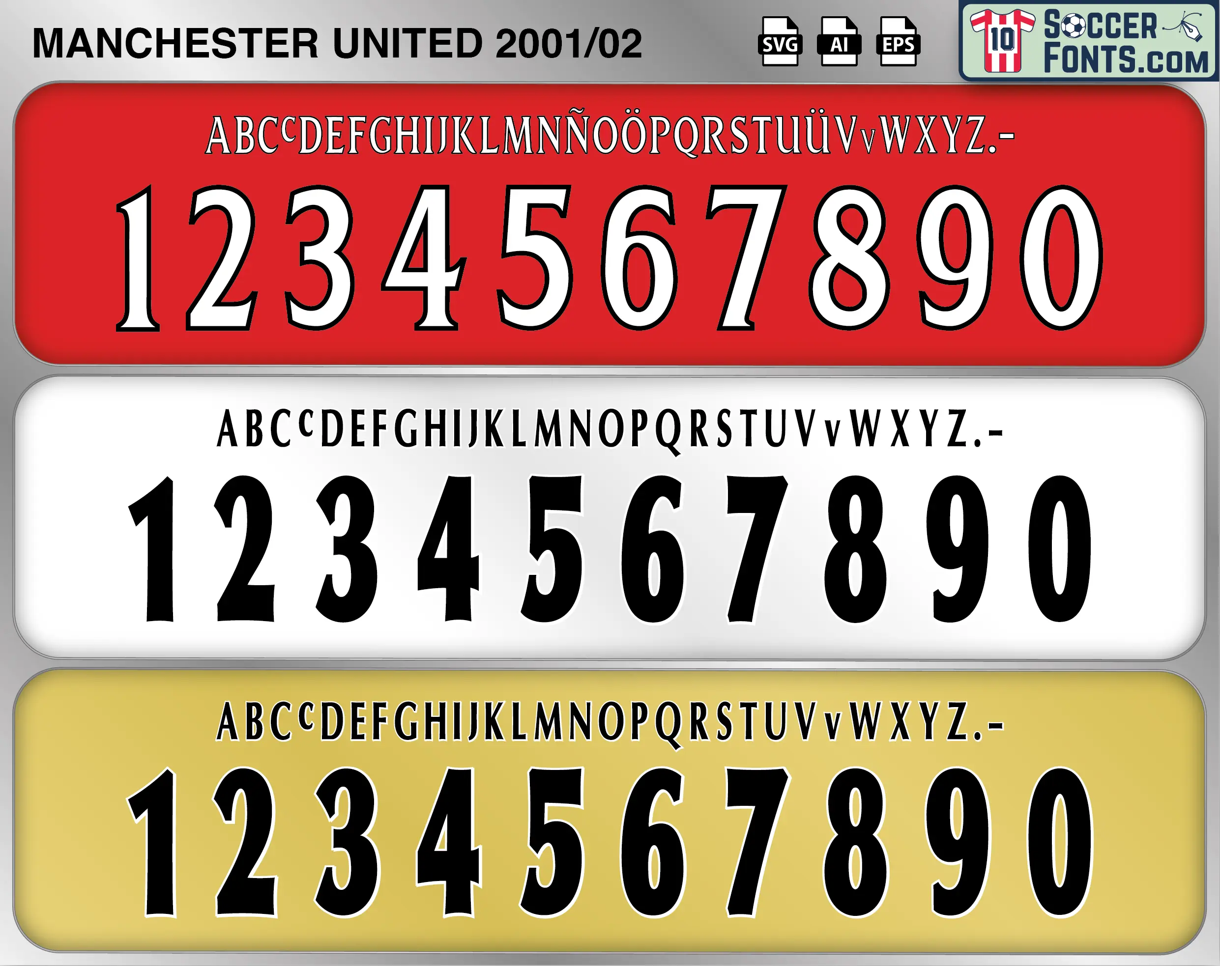 Manchester United 2001-02 football shirt font showing alphabet letters and jersey numbers