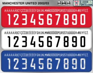 Manchester United 2002-03 football shirt font showing alphabet letters and jersey numbers