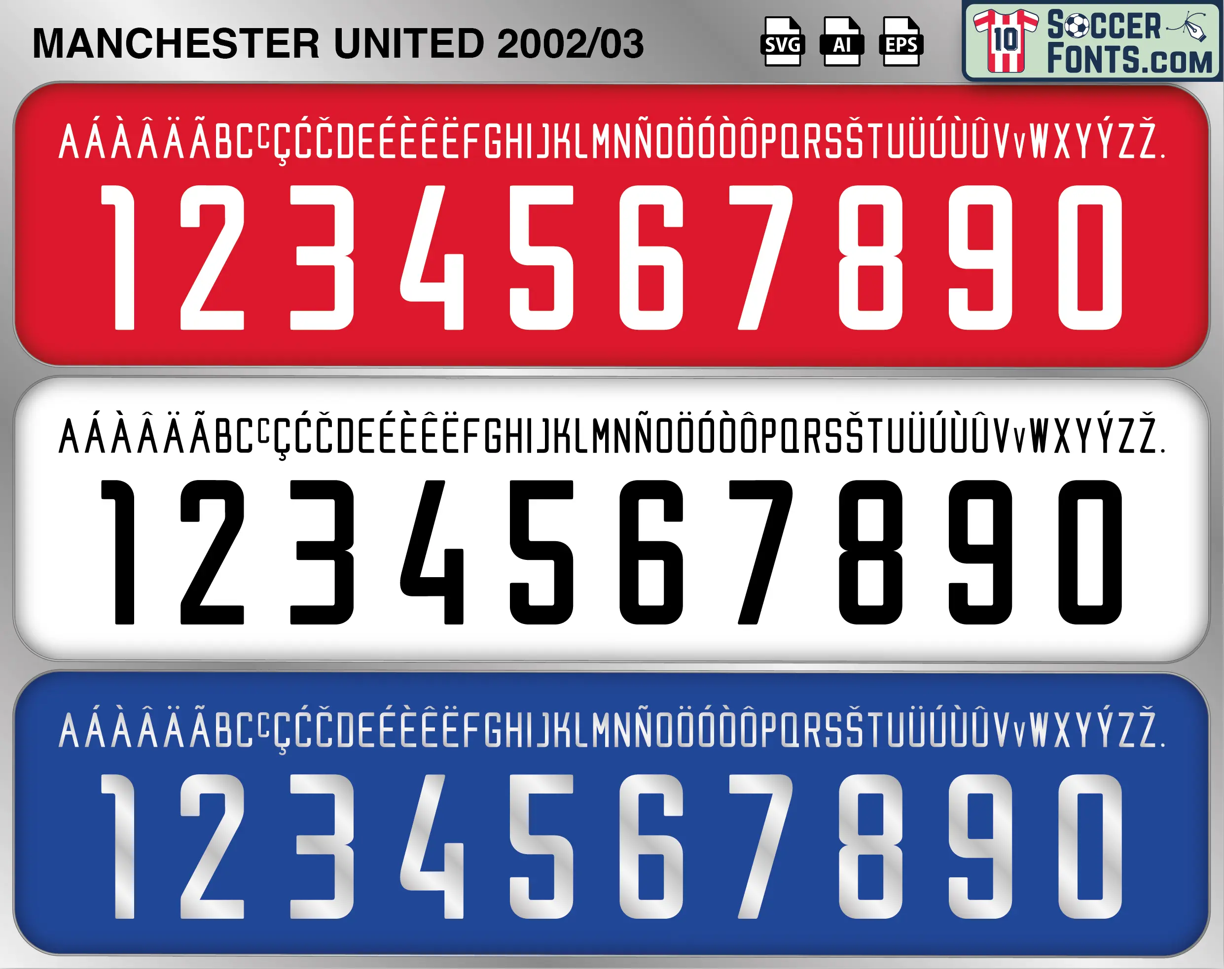 Manchester United 2002-03 football shirt font showing alphabet letters and jersey numbers