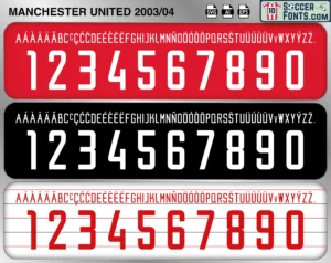 Manchester United 2003-04 football shirt font showing alphabet letters and jersey numbers