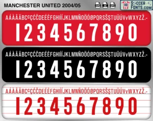 Manchester United 2004-05 football shirt font showing alphabet letters and jersey numbers