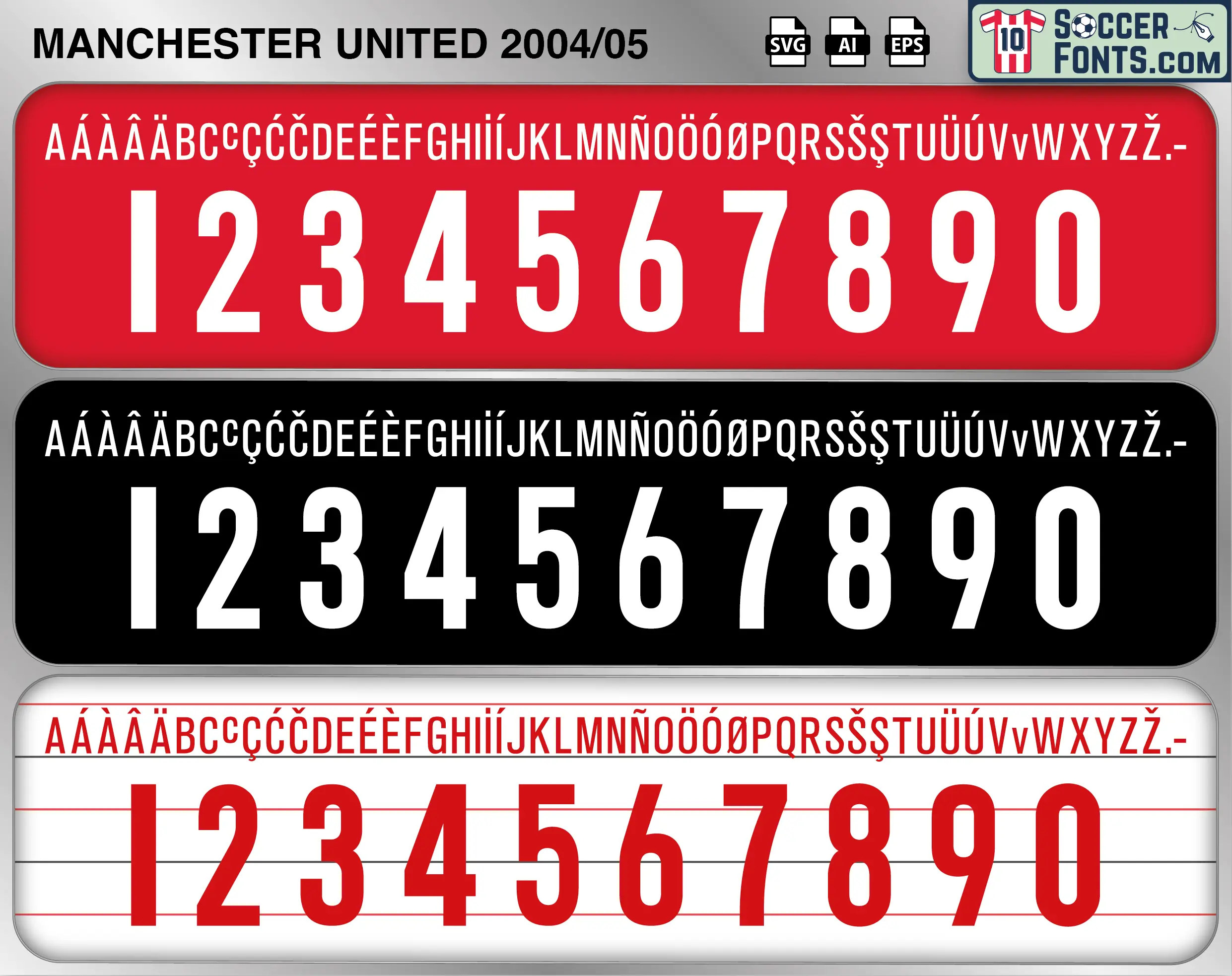 Manchester United 2004-05 football shirt font showing alphabet letters and jersey numbers