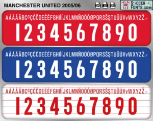 Manchester United 2005-06 football shirt font showing alphabet letters and jersey numbers