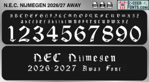 NEC Nijmegen 2026-27 away football shirt font showing alphabet letters and jersey numbers