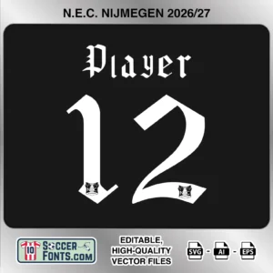 NEC Nijmegen 2026-27 football shirt font on away jersey mockup with player name and number