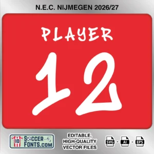 NEC Nijmegen 2026-27 football shirt font on home jersey mockup with player name and number