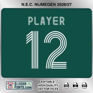 NEC Nijmegen 2026-27 football shirt font on third jersey mockup with player name and number