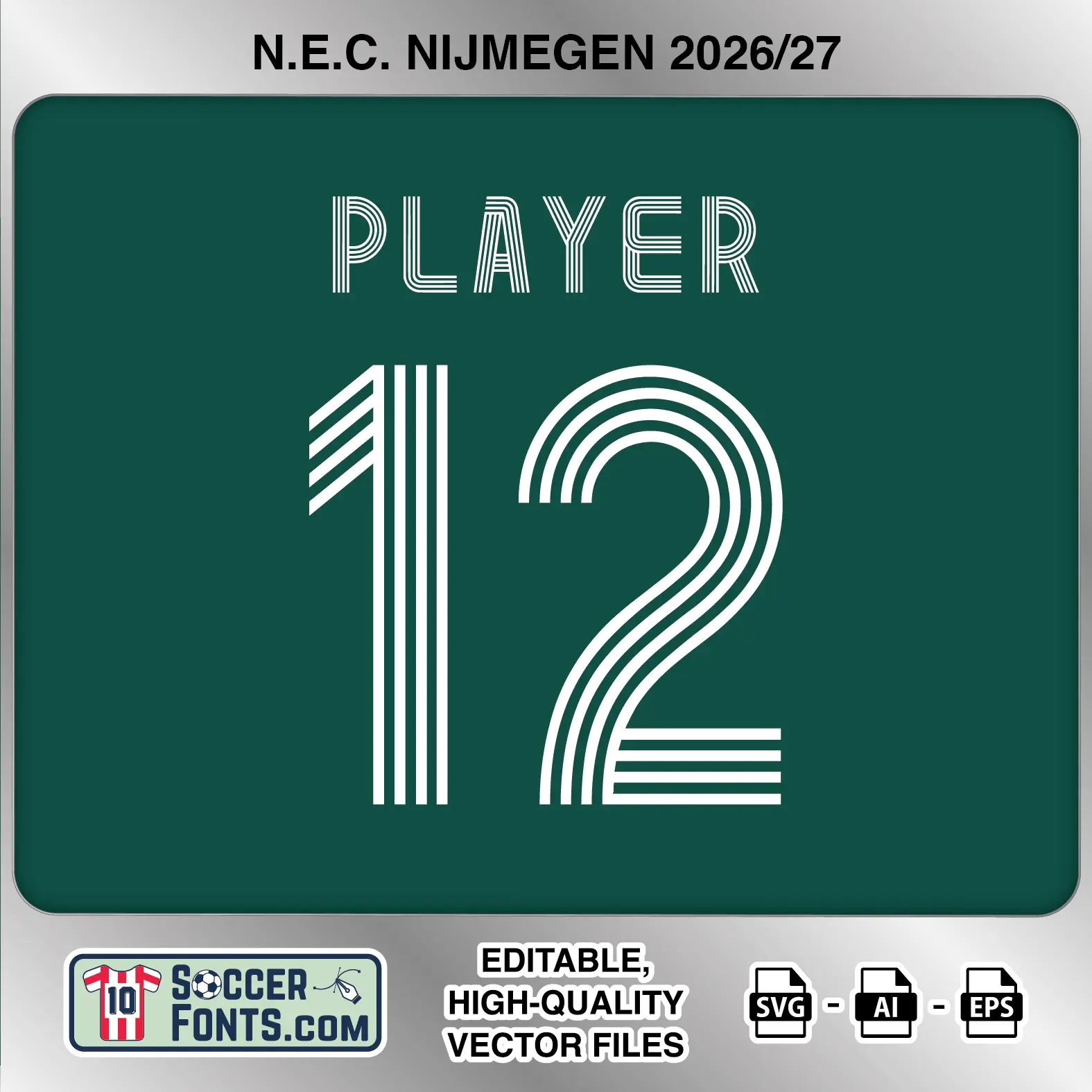 NEC Nijmegen 2026-27 football shirt font on third jersey mockup with player name and number