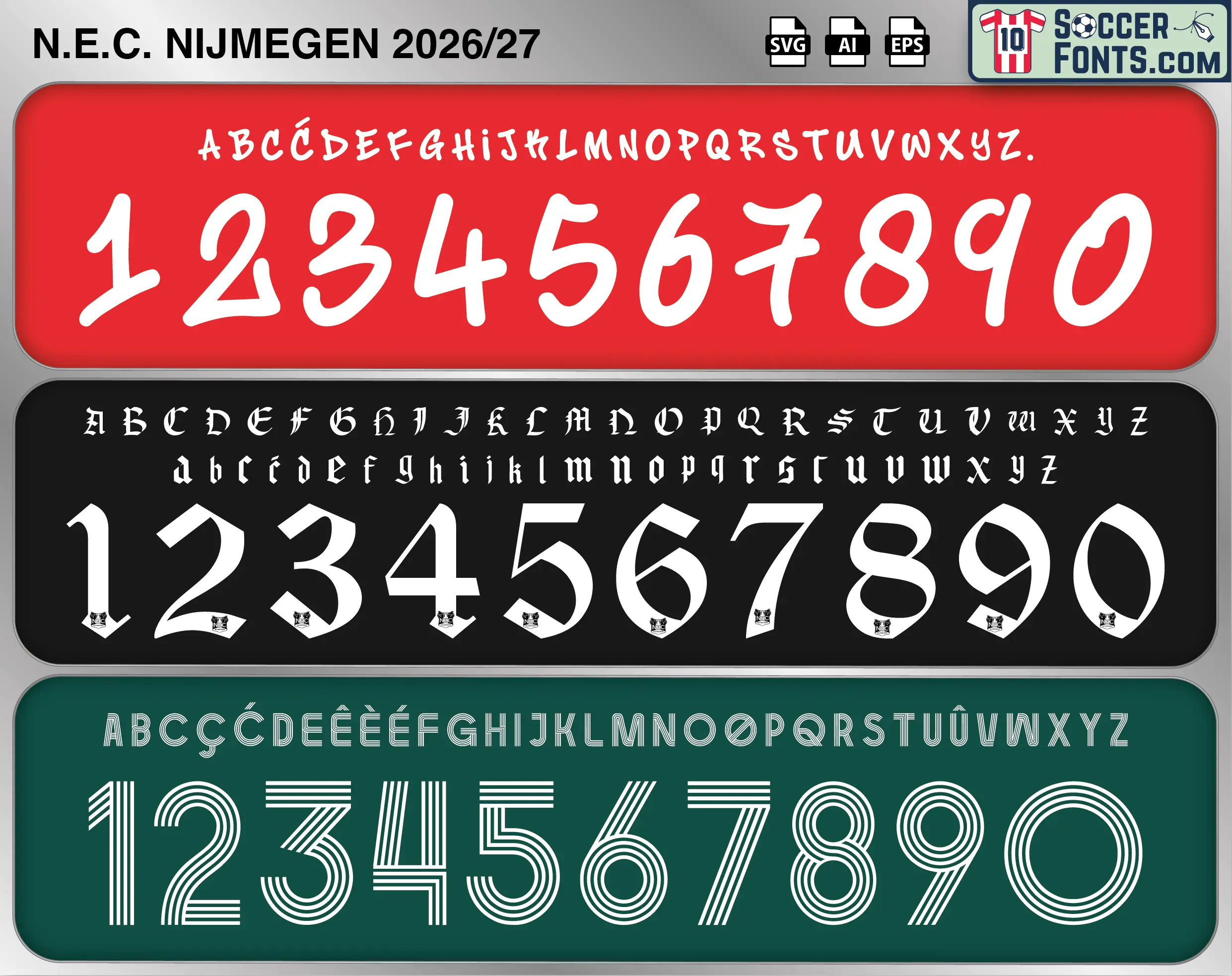 NEC Nijmegen 2026-27 football shirt font showing alphabet letters and jersey numbers