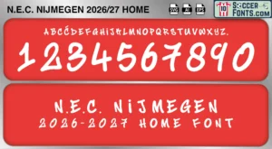 NEC Nijmegen 2026-27 home football shirt font showing alphabet letters and jersey numbers
