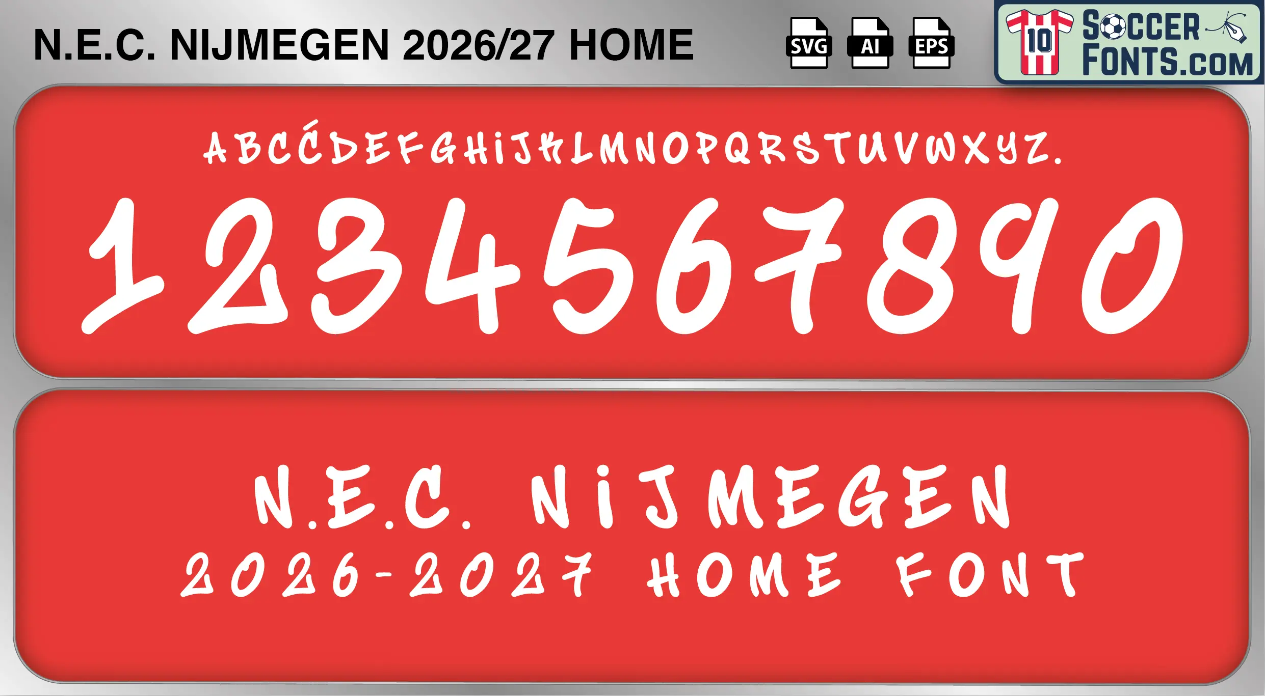 NEC Nijmegen 2026-27 home football shirt font showing alphabet letters and jersey numbers