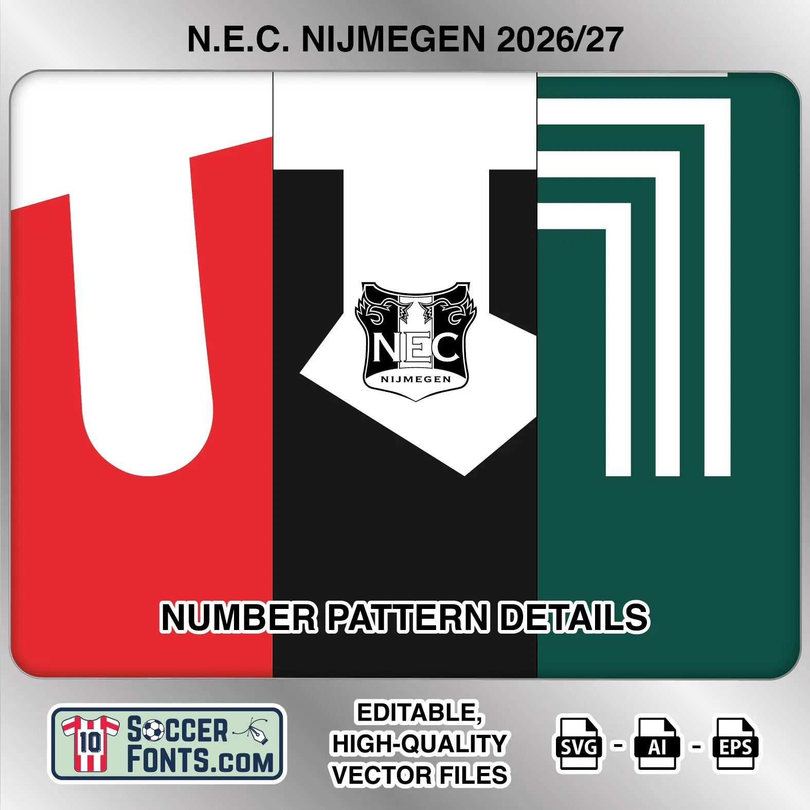 NEC Nijmegen 2026-27 football shirt number close-up showing pattern and club crest details inside
