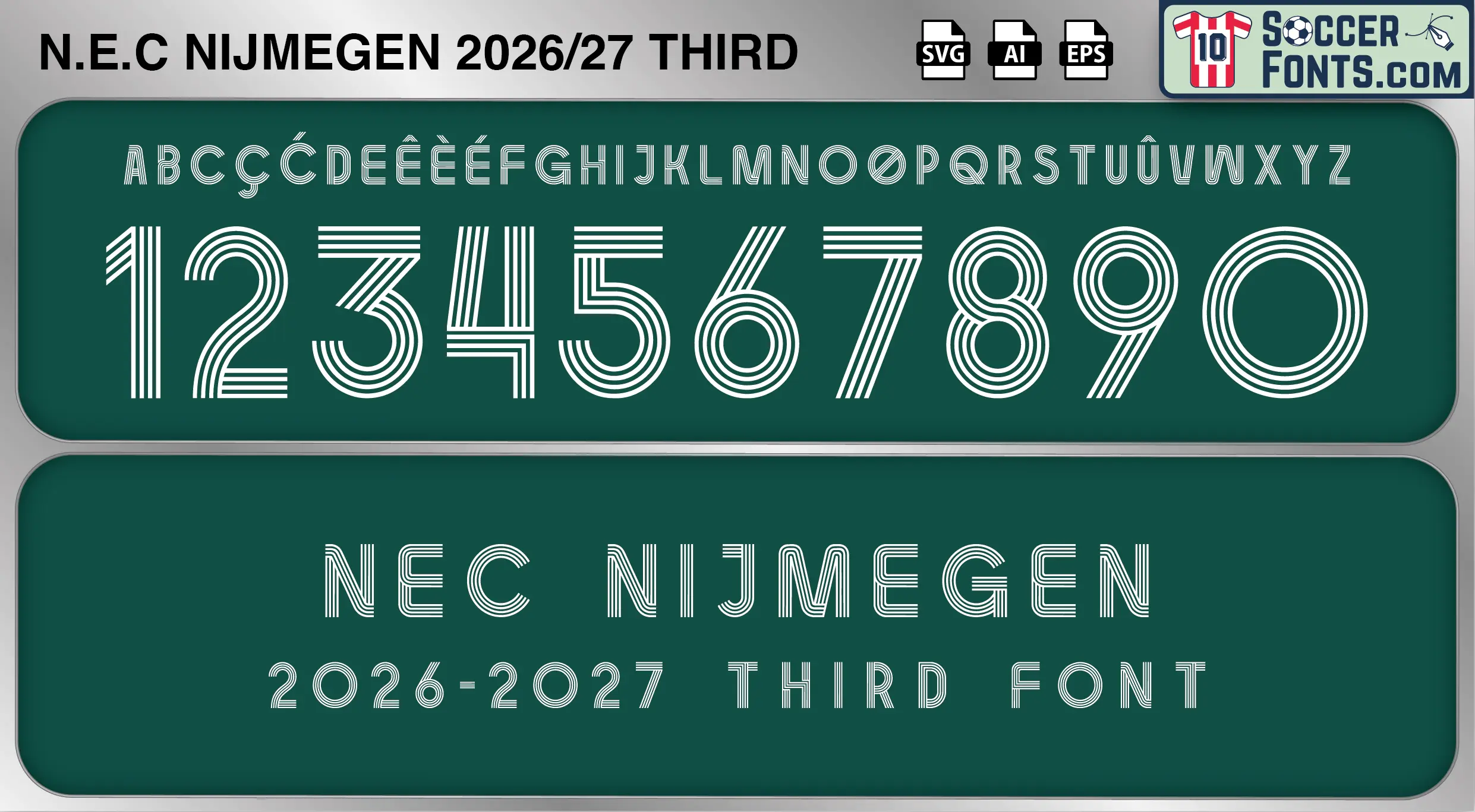 NEC Nijmegen 2026-27 third football shirt font showing alphabet letters and jersey numbers