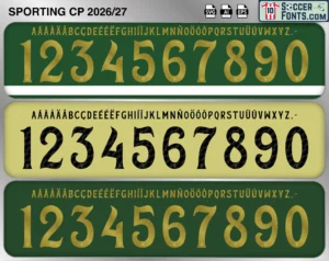Sporting CP 2026-27 football shirt font showing alphabet letters and jersey numbers
