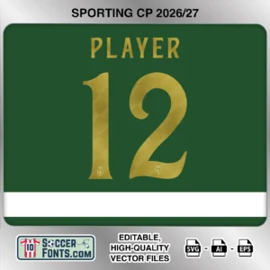 Sporting CP 2026-27 football shirt font on home jersey mockup with player name and number