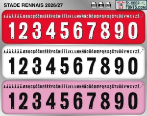 Stade Rennais 2026-27 football shirt font showing alphabet letters and jersey numbers