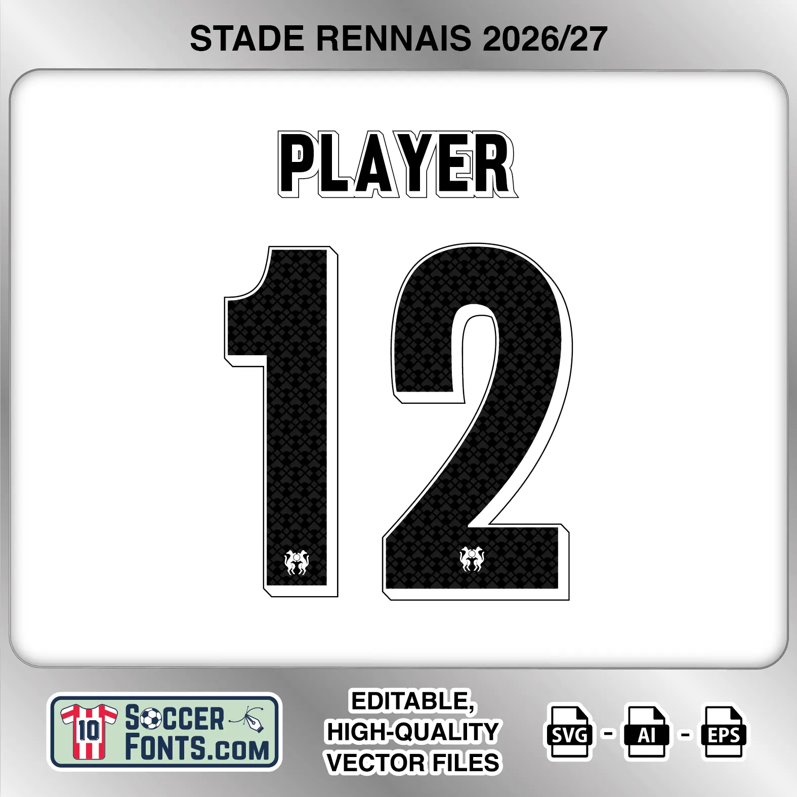 Stade Rennais 2026-27 football shirt font on away jersey mockup with player name and number