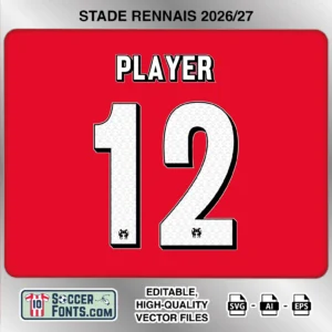 Stade Rennais 2026-27 football shirt font on home jersey mockup with player name and number