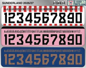 Sunderland 2026-27 football shirt font showing alphabet letters and jersey numbers