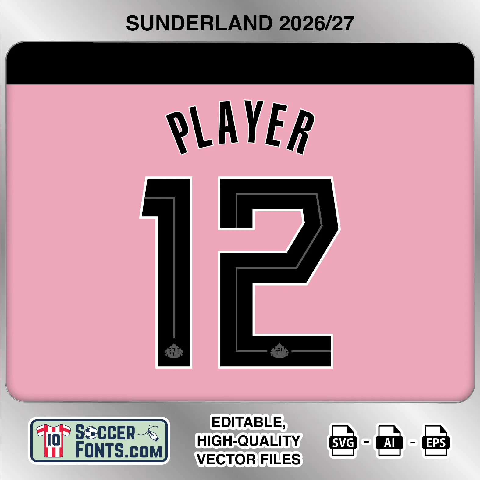 Sunderland 2026-27 football shirt font on away jersey mockup with player name and number