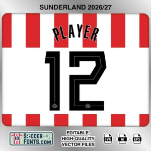 Sunderland 2026-27 football shirt font on home jersey mockup with player name and number
