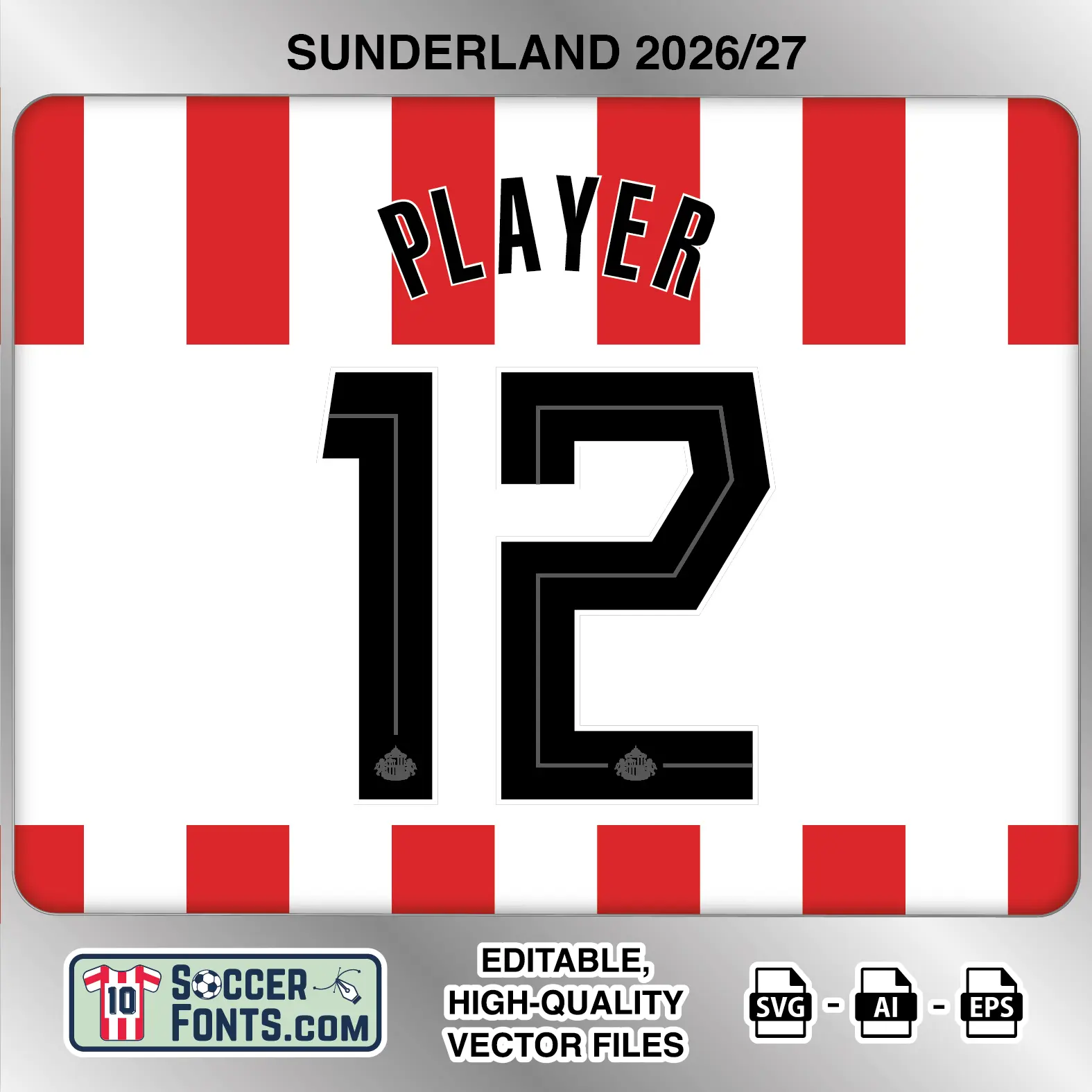 Sunderland 2026-27 football shirt font on home jersey mockup with player name and number