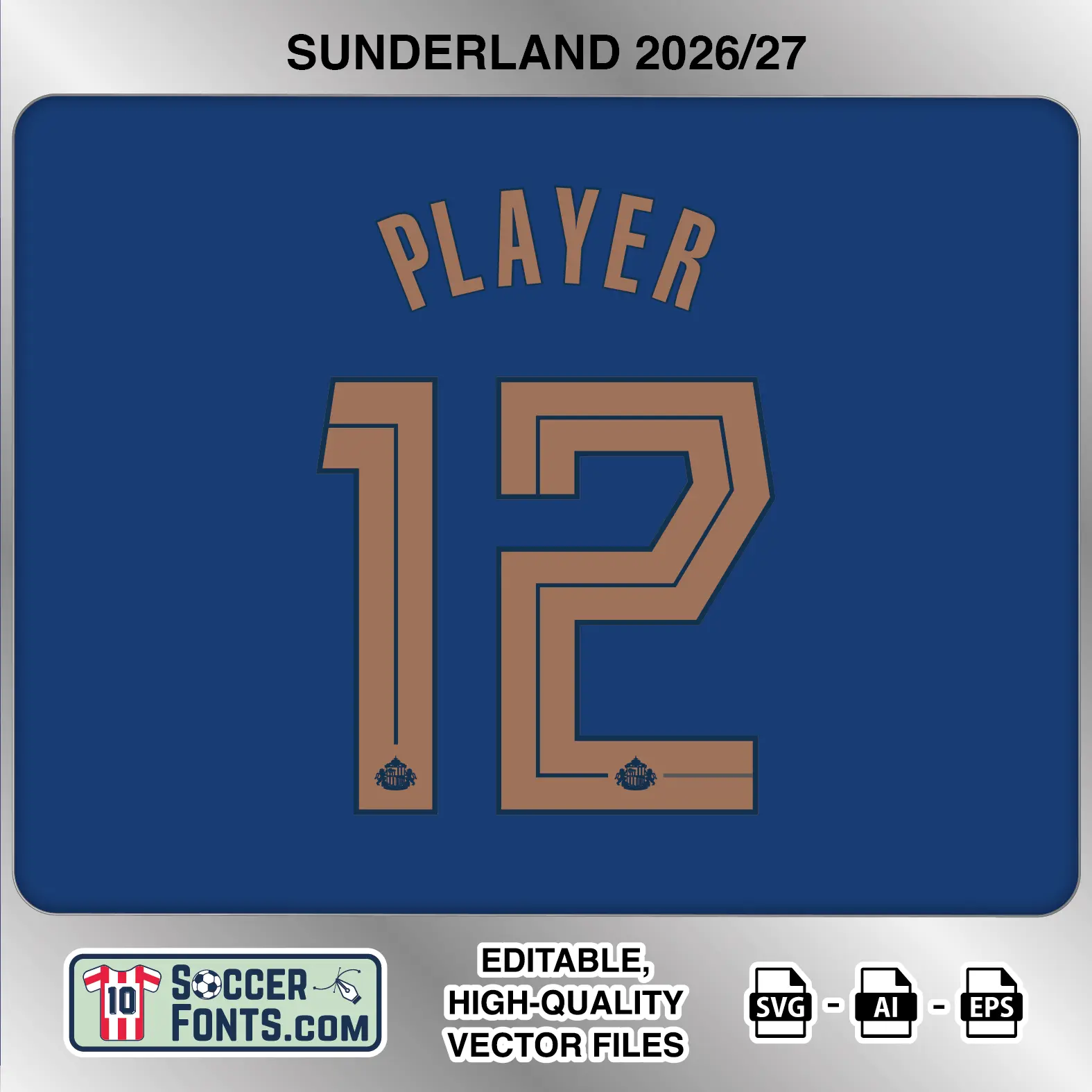 Sunderland 2026-27 football shirt font on third jersey mockup with player name and number