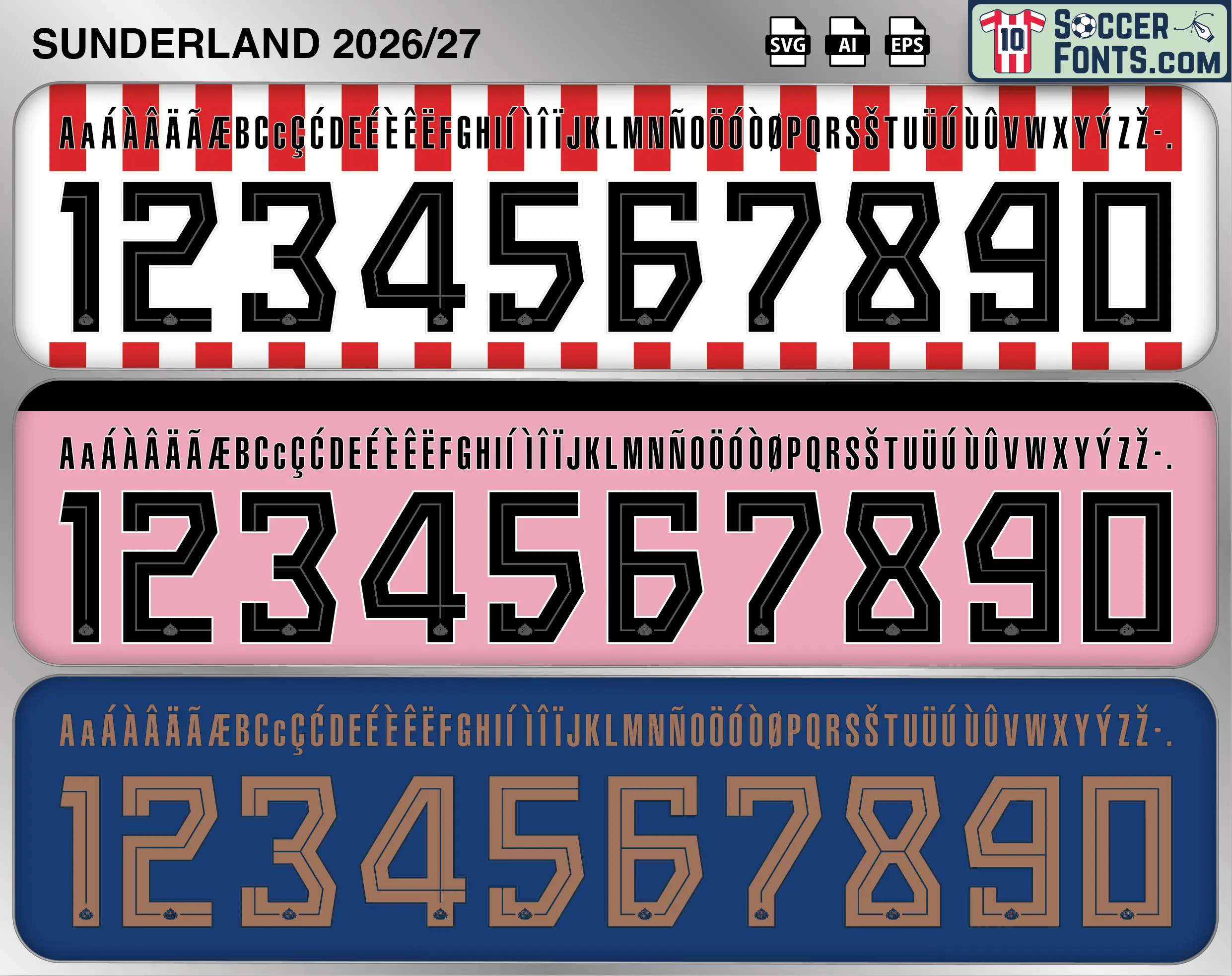 Sunderland 2026-27 football shirt font showing alphabet letters and jersey numbers